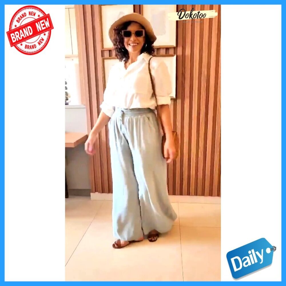 Women's Elastic Waist Wide Leg Pants with Pockets Casual Comfort - Picture 5 of 7